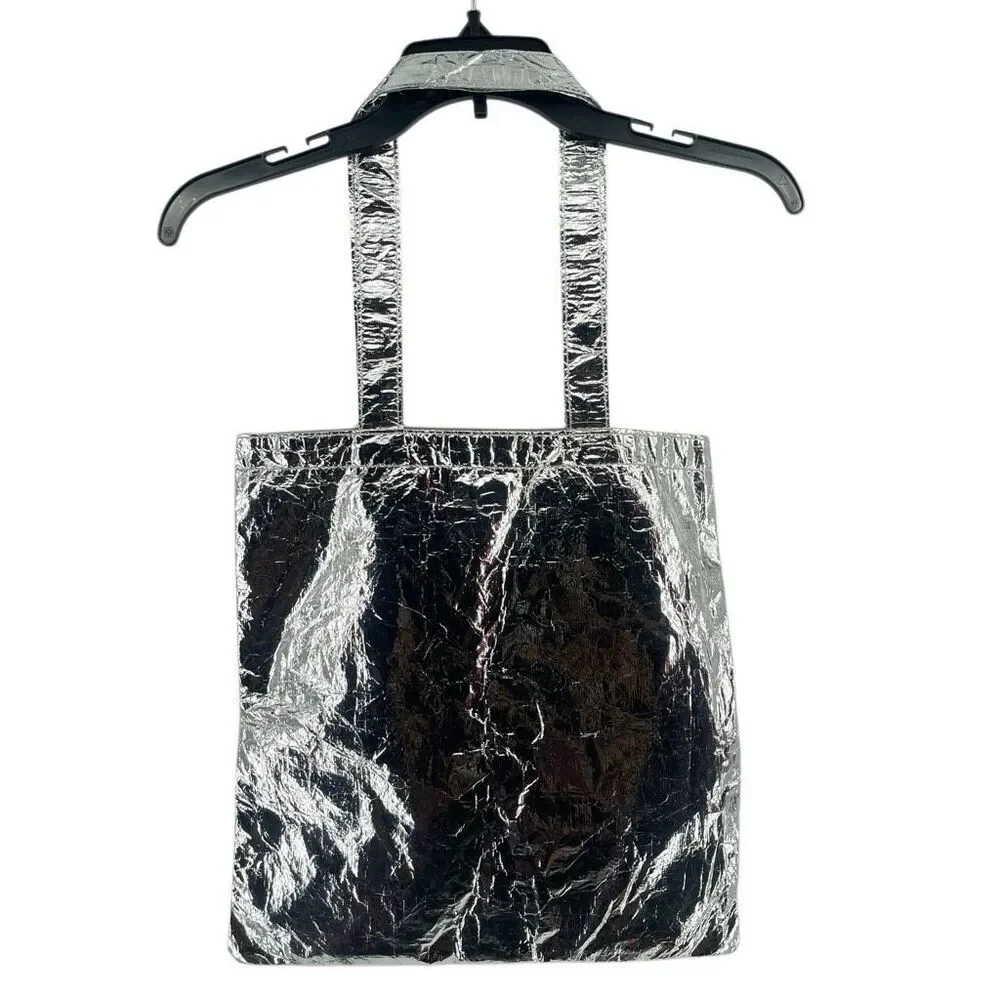 Tory Burch Metallic Silver Tote Bag NWT Crinkle Foil Statement Shopper 14x14